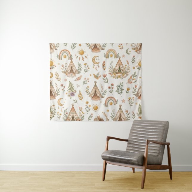 Boho Watercolor Rainbow Nursery Wall Tapestry (In Situ (Horizontal))