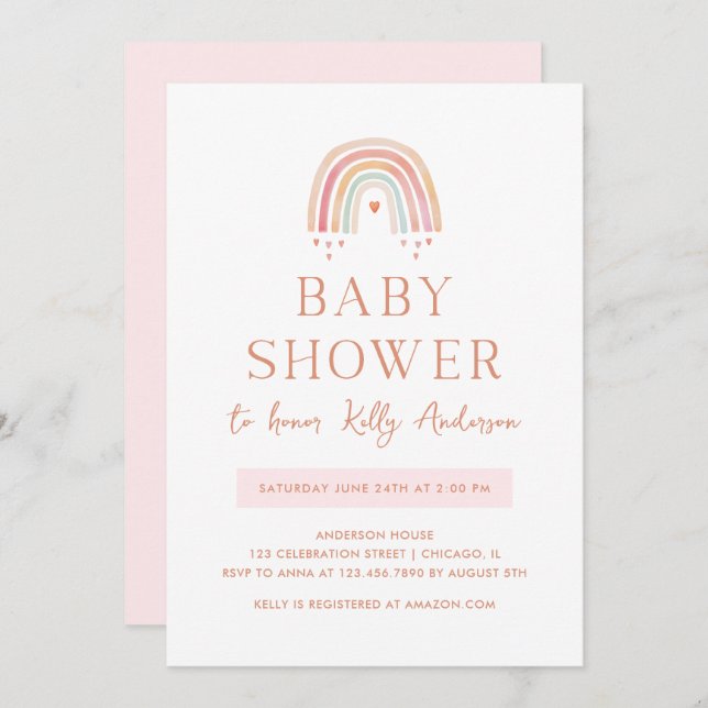 Boho Watercolor Rainbow with Hearts Baby Shower Invitation (Front/Back)