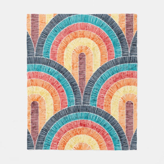 Boho Watercolor Red Teal Orange Rainbow Fleece Blanket (Front)