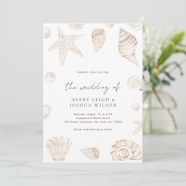 Boho Watercolor Seashells Pearls Nautical Wedding Invitation (Standing Front)