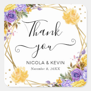 Boho Watercolor Spring Flowers Gold Frame Wedding Square Sticker