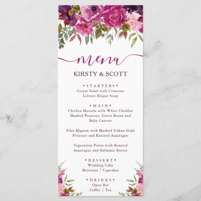 Boho Watercolor Spring Flowers Wedding Menu (Front)