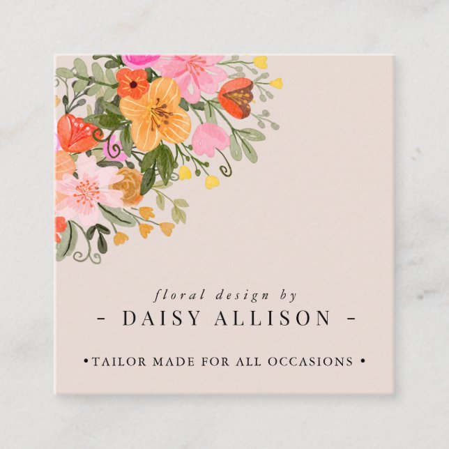 Boho Watercolor Spring Wildflower Square Business Card (Front)