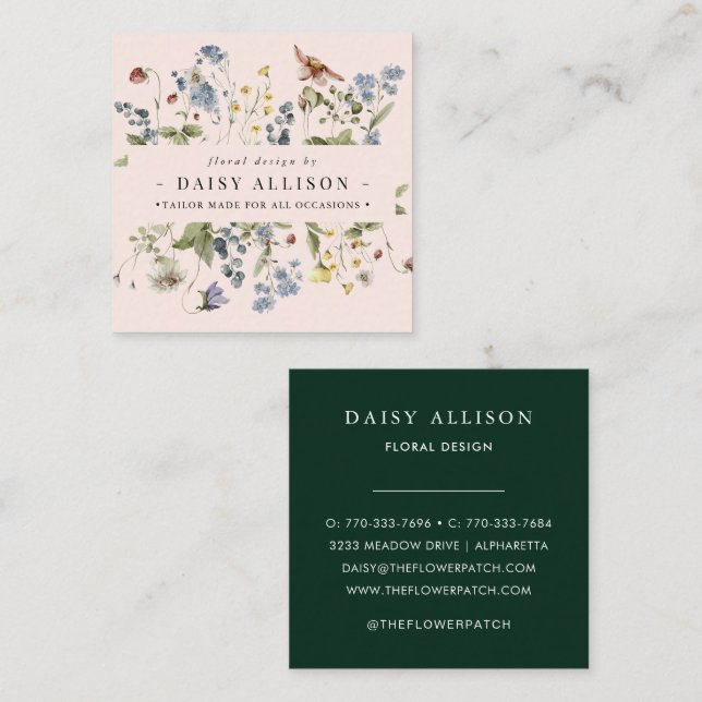 Boho Watercolor Spring Wildflower   Square Business Card (Front/Back)