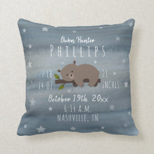 Boho Watercolor Stars Bear Cub Birth Stats Nursery Cushion