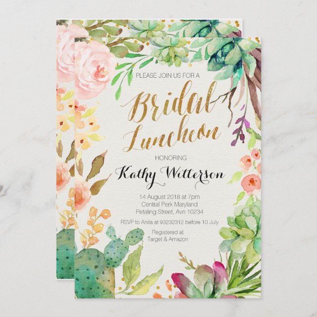 Boho Watercolor Succulents Bridal Luncheon invite (Front/Back)