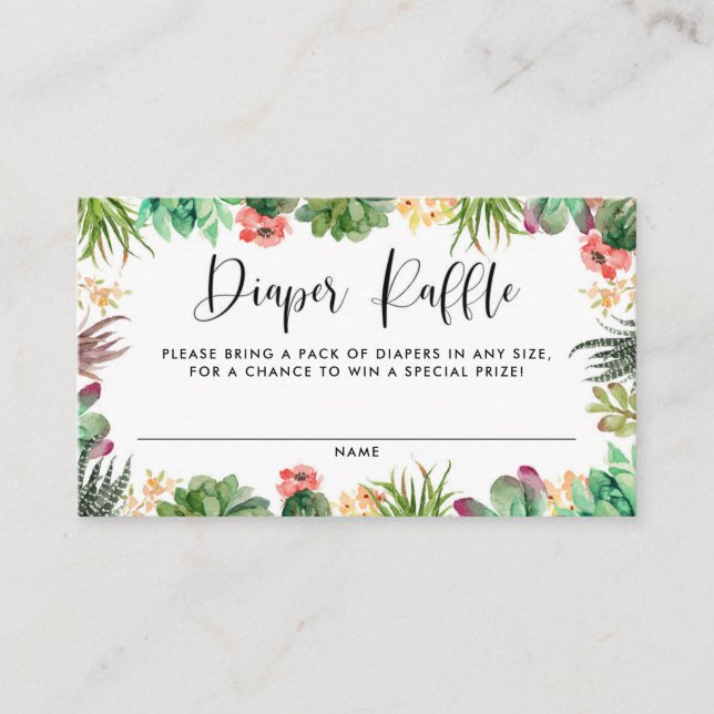 Boho Watercolor Succulents Frame Diaper Raffle Enclosure Card (Front)