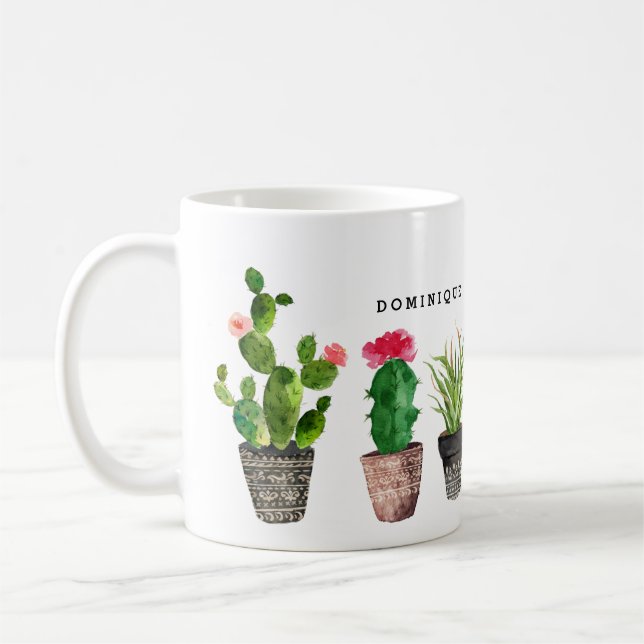 Boho Watercolor Succulents Pattern Personalised Coffee Mug (Left)