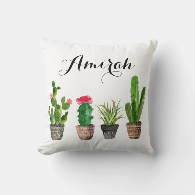 Boho Watercolor Succulents Personalised Pillow (Front)