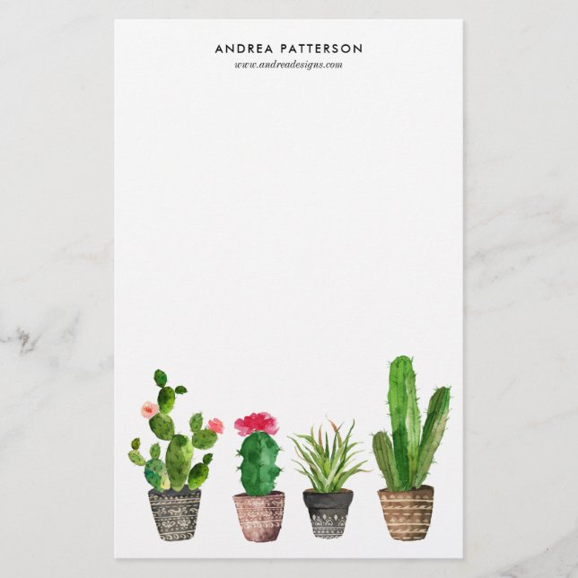 Boho Watercolor Succulents Personalised Stationery (Front)