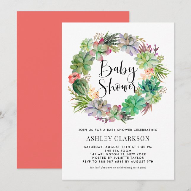 Boho Watercolor Succulents Wreath Baby Shower Invitation (Front/Back)