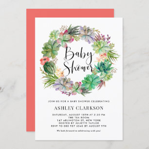Boho Watercolor Succulents Wreath Baby Shower Invitation