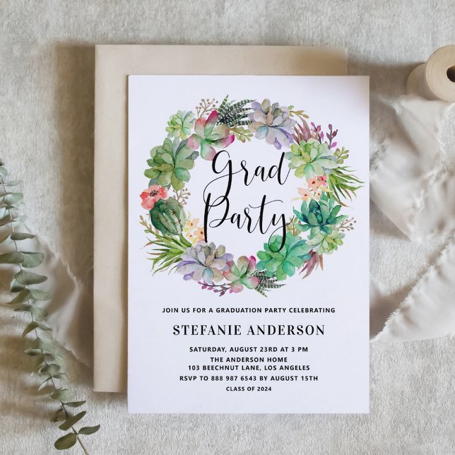 Boho Watercolor Succulents Wreath Graduation Party Invitation (Customizable boho graduation invitation featuring watercolor cactus and succulents wreath. )