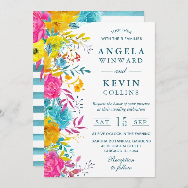 Boho Watercolor Summer Flowers Wedding Invitation (Front/Back)