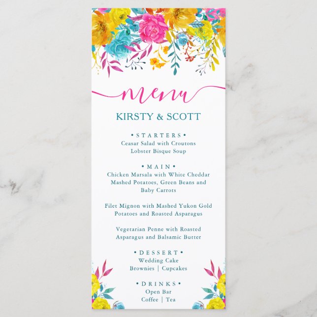 Boho Watercolor Summer Flowers Wedding Menu (Front)