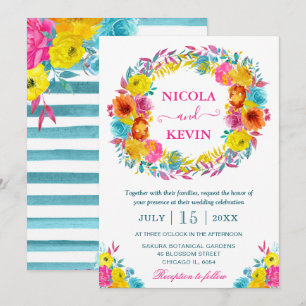 Boho Watercolor Summer Flowers Wreath Wedding Invitation