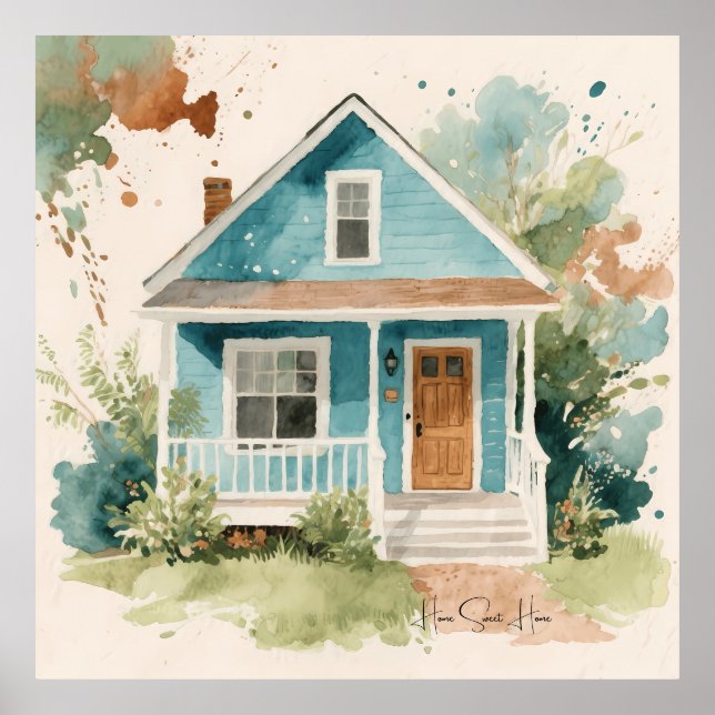 Boho Watercolor Teal Blue House  Poster (Front)
