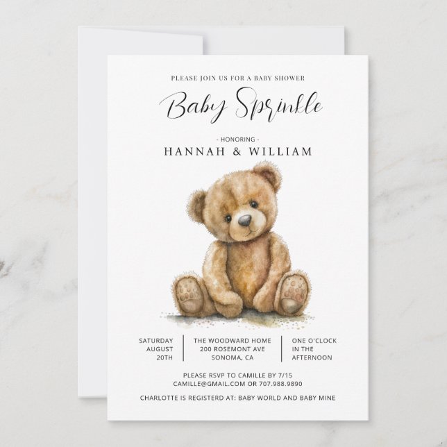 Boho Watercolor Teddy Bear Baby Shower Invitation (Front)