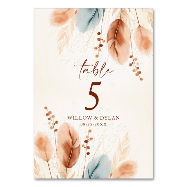 Boho Watercolor Terracotta Pampas Grass Beige Blue Table Number (Front)