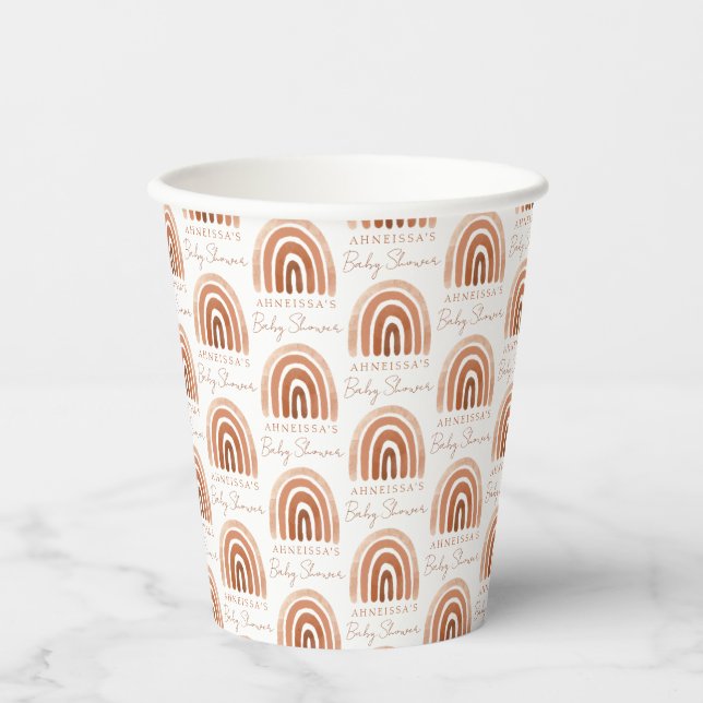 Boho Watercolor Terracotta Rainbow Baby Shower Paper Cups (Front)