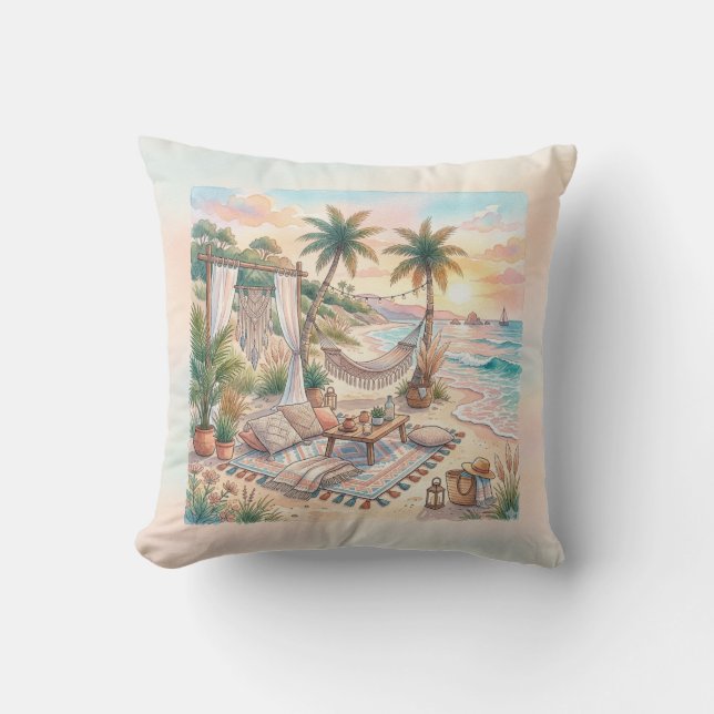 Boho Watercolor Tropical Beach Sunset Picnic Cushion (Front)
