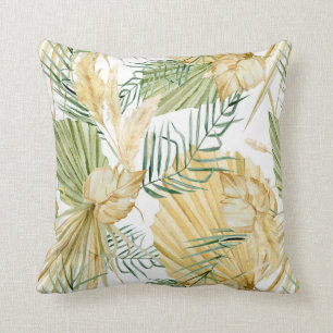 Boho Watercolor Tropical Leaves and Pampas Grass Cushion