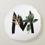 Boho Watercolor Tropical Leaves Letter M Monogram Round Cushion<br><div class="desc">Customisable letter H monogram round pillow featuring watercolor tropical palm leaf,  faux gold foil leaf and black watercolor brush accents. This boho letter H monogram mousepad will be perfect as a gift. Other letters are available.</div>