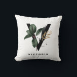Boho Watercolor Tropical Leaves Letter V Monogram Cushion<br><div class="desc">Customizable letter V monogram pillow featuring watercolor tropical leaves,  faux gold foil leaf and black watercolor brush accents. Personalize this tropical monogram pillow by adding your name or other details. This boho letter V monogram pillow will be perfect as a gift. Other letters are available.</div>