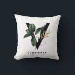 Boho Watercolor Tropical Leaves Letter V Monogram Cushion<br><div class="desc">Customizable letter V monogram pillow featuring watercolor tropical leaves,  faux gold foil leaf and black watercolor brush accents. Personalize this tropical monogram pillow by adding your name or other details. This boho letter V monogram pillow will be perfect as a gift. Other letters are available.</div>