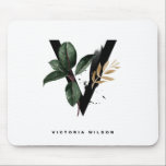 Boho Watercolor Tropical Leaves Letter V Monogram Mouse Pad<br><div class="desc">Customisable letter V monogram mousepad featuring watercolor tropical leaves,  faux gold foil leaf and black watercolor brush accents. Personalise this tropical monogram mousepad by your name or other details. This boho letter V monogram mousepad will be perfect as a gift. Other letters are available.</div>