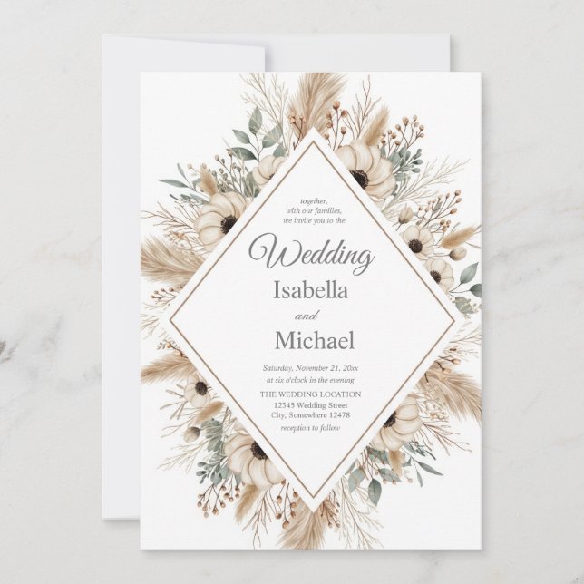 Boho Watercolor Wedding Invitation with Diamond (Front)