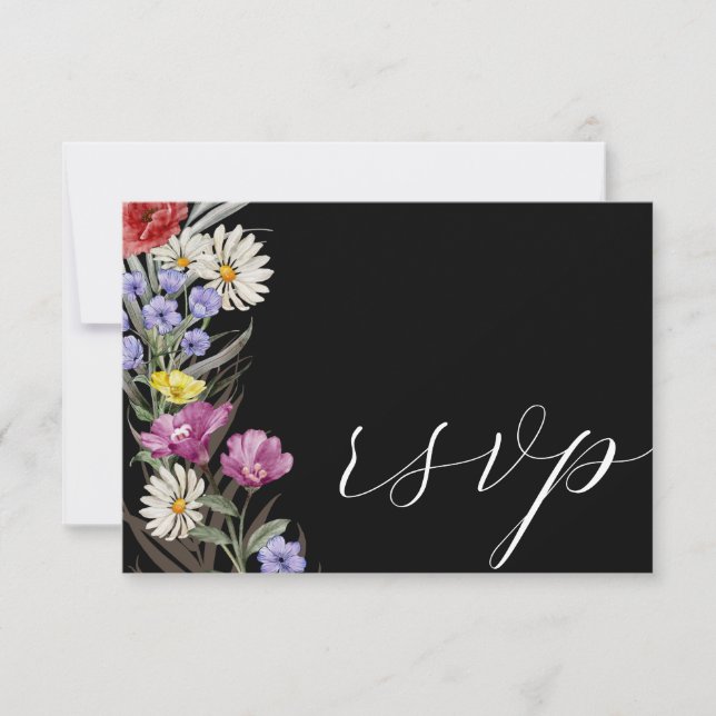 Boho Watercolor Wild Flower & Black Wedding RSVP (Front)