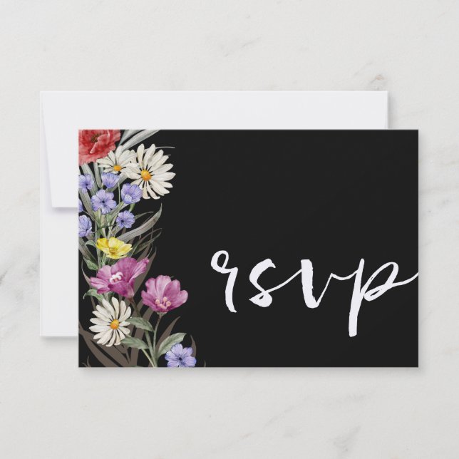 Boho Watercolor Wild Flower & Black Wedding RSVP (Front)