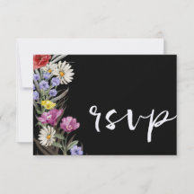 Boho Watercolor Wild Flower & Black Wedding RSVP