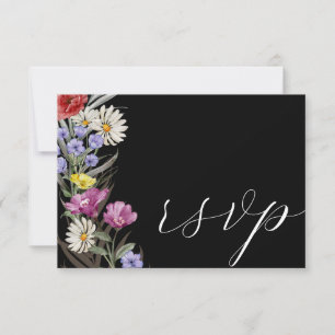 Boho Watercolor Wild Flower & Black Wedding RSVP Card