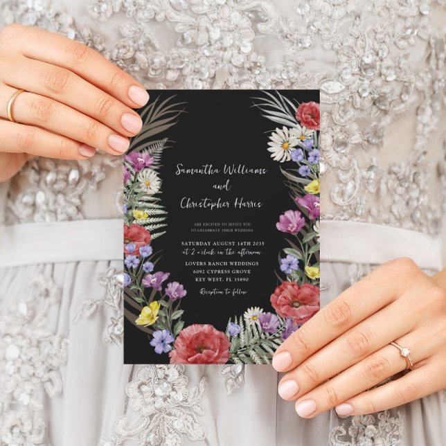 Boho Watercolor Wild Flowers Black Wedding Invitation (Creator Uploaded)