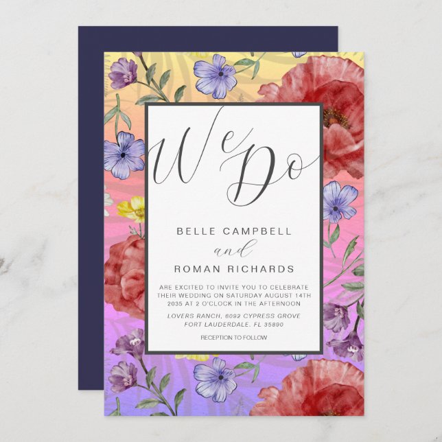 Boho Watercolor Wild Flowers Colourful Wedding Invitation (Front/Back)