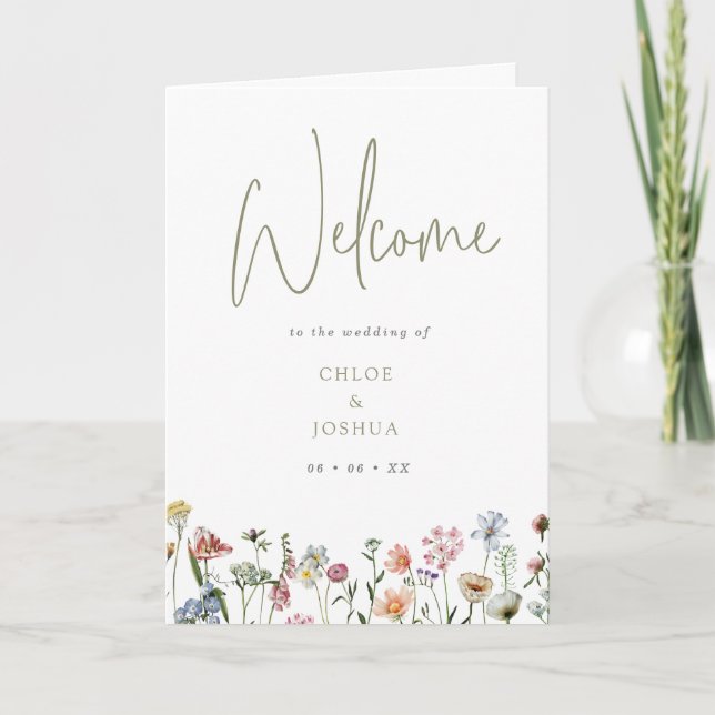 Boho Watercolor Wild Flowers Wedding Folded Programme (Front)