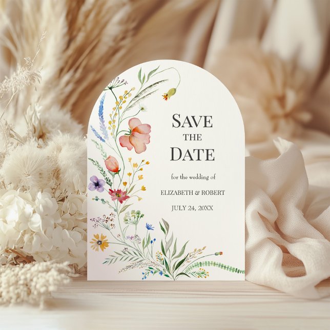 Boho Watercolor Wildflower Arch Save The Date Invitation (Boho Watercolor Wildflower Arch Save The Date Invitation on a white floral boho wedding table.)