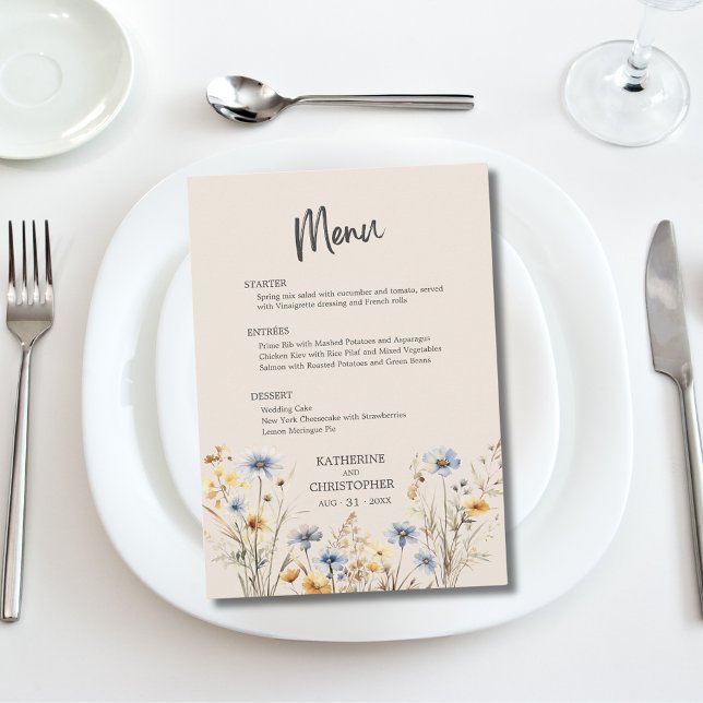 BOHO Watercolor Wildflower Elegant Beige Wedding Menu (BOHO Wildflowers Elegant Wedding Menu with Menu Options, Blue and Yellow Watercolor Wildflowers.)