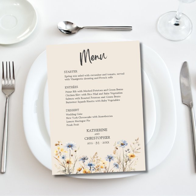 BOHO Watercolor Wildflower Elegant Beige Wedding Menu (BOHO Wildflowers Beige Wedding Menu with blue and yellow watercolor flowers, menu options.)