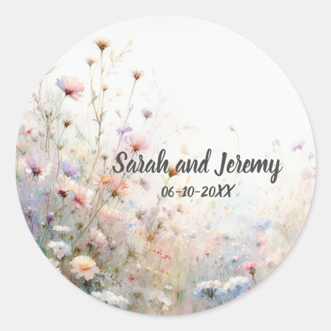 Boho Watercolor Wildflower Floral Personalise Classic Round Sticker (Front)