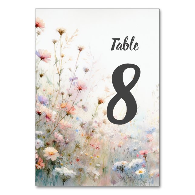 Boho Watercolor Wildflower Floral Personalise Table Number (Front)