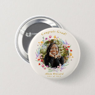 Boho Watercolor Wildflower Grad Photo Button