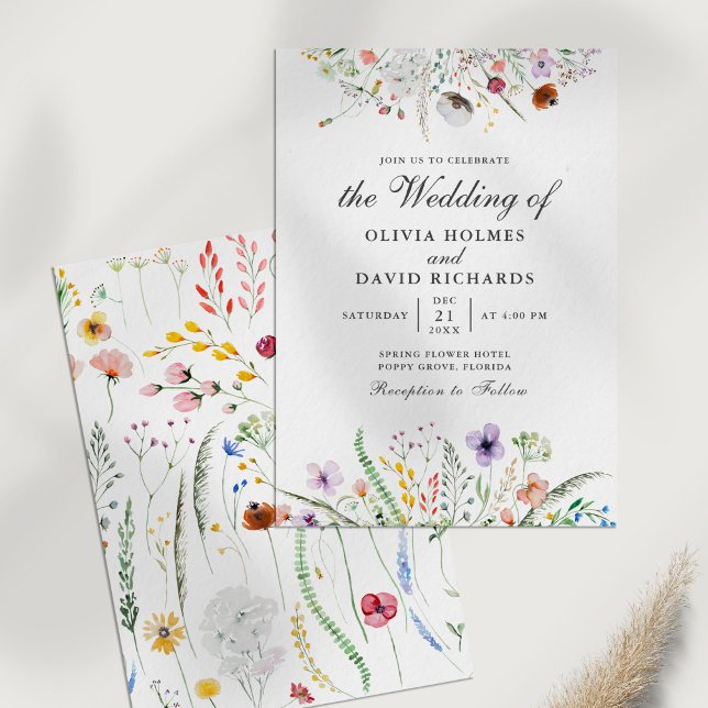 Boho Watercolor Wildflower Meadow Wedding Invite (Boho Watercolor Wildflower Meadow Wedding Invite on a white table.)