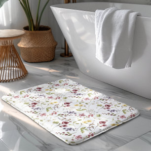 Boho Watercolor Wildflower Pattern Burgundy Floral Bath Mat