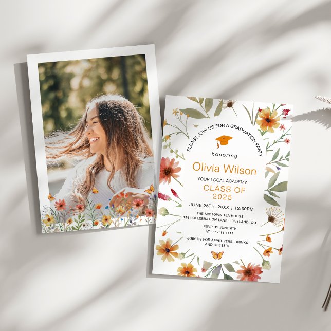 Boho Watercolor Wildflower Photo Graduation Party Invitation (Boho Watercolor Graduation Party Invitation – Wildflower & Butterfly – Whimsical Keepsake)