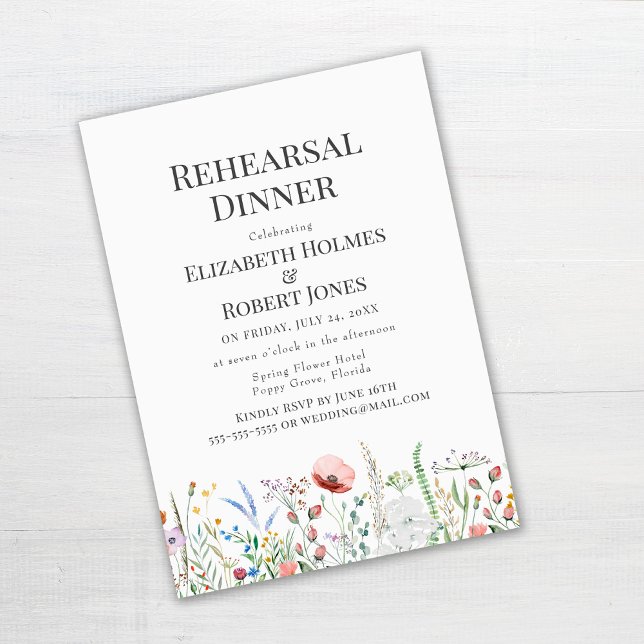 Boho Watercolor Wildflower Rehearsal Dinner Invitation (Wildflowers Rehearsal Dinner Invitation Template on white wooden table)