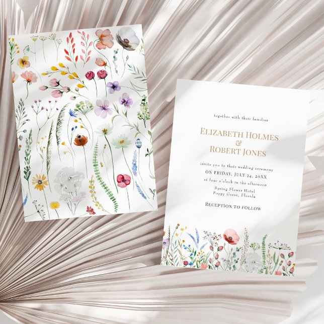 Boho Watercolor Wildflower Wedding Invitation (Boho Watercolor Wildflower Wedding Invitation on a sunny neutral dry palm leaf.)