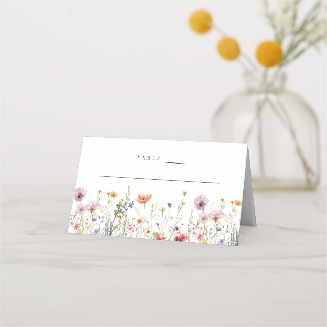 Boho Watercolor Wildflower Wedding Place Card (Front)